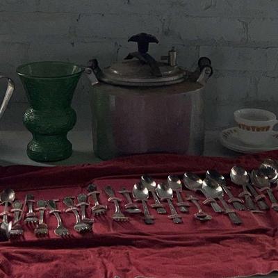 Vintage Silver Plate Flatware Set And Corning Ware Set With Vintage Kitchen Wares 