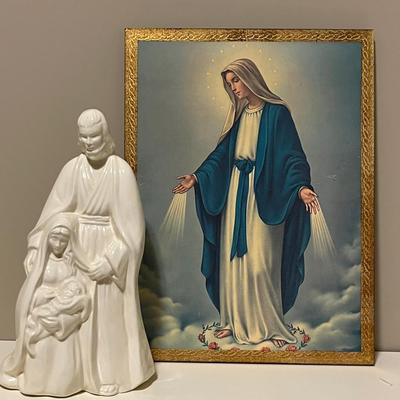 Holy Family Porcelain Figurine and Italian Madonna Print