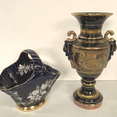 Spyropoulos Greece 24K Detail Porcelain Vase With Cobalt Basket