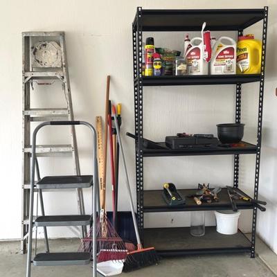 Garage Cleanout with Ladders, Stanley Tool Set, Metal Shelving