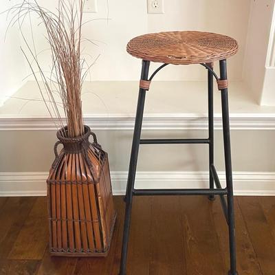 Rattan And Iron Tall Stool With Vase