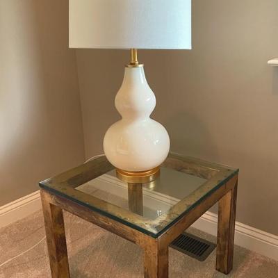 Lamp With Heavy Glass Topped Metal Side Table