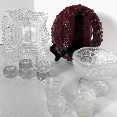 Avon Ruby Red Plate With Indiana Glass Dish And Mini Punch bowl Set