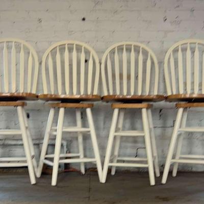 Four White-Painted And Rubberwood Swivel Chairs / Stools