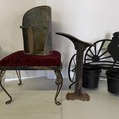 Vintage Collectible And Decor Items With Galvanized Scoop, Iron Shoe Form, Glass Barrel And More