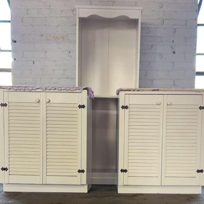 Two Louvered Door Cabinets With A White-Painted Bookshelf 