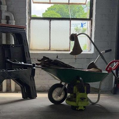 Pair of Sawhorses with Poulan Leaf Blower, Hyper Tough Gas Weed Wacker and More 