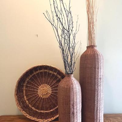 Decor Group with Tall Rattan Vases with Reeds and Twigs, Large Wicker Tray