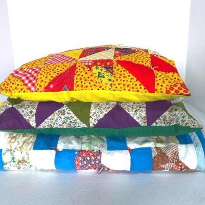 Handmade Patchwork Quilt With Two Patchwork Pillows