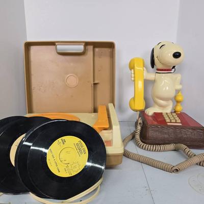 Snoopy Phone, Fisher-Price Record Player, & Assorted Records