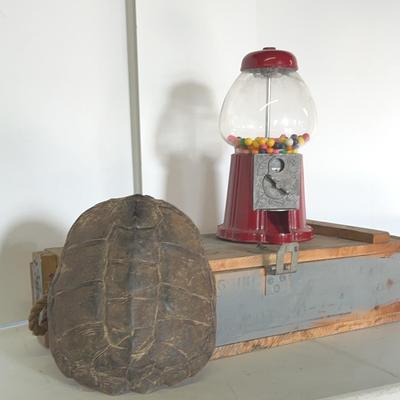 Vintage Gumball Machine, Italian Ammunition Crate With Gun Cleaning Kits And A Snapping Turtle Shell