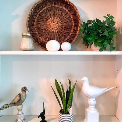 Two Shelves Of Decor With Viking Glass Bird