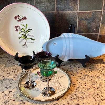 Vintage Metal Wisconsin Tray Botanical and Fish Platter Display with Vintage Glassware
