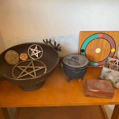 Witchy Decor and Copper Cauldron with Skull Candle Holder and Curios, Magic and Runes