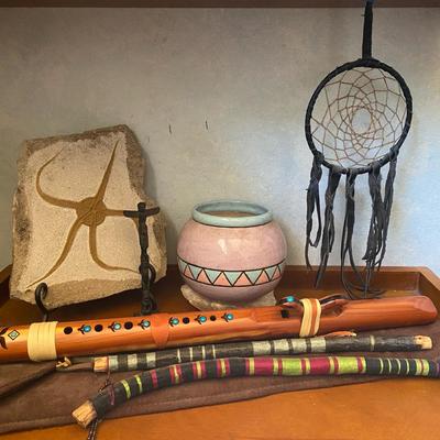 Dreamcatcher and Native-Inspired Decor with Painted Flute and Pottery