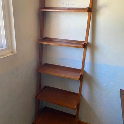 Mid-Century Style Leaning Ladder Shelf in Warm Wood Finish 25” W x 75” H 