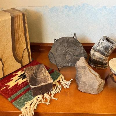 Trilobite Fossil & Viking Drinking Horn & Geological Decor Lot with Fossils, Rocks, Carved Stone