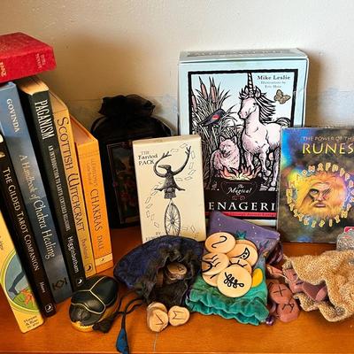 Pagan and Chakra Books with Runes, Tarot, and Divination Sets