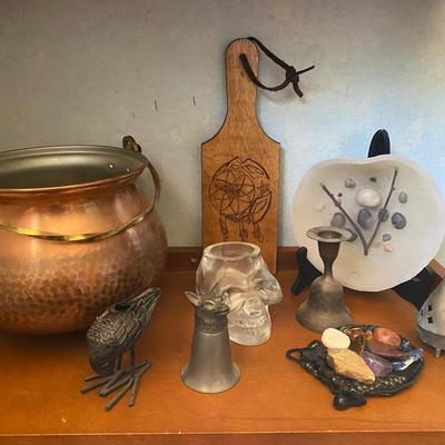 Copper Cauldron & Witchy Decor with Skull Candle Holder and Curios
