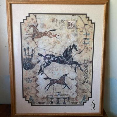 South Western Wall Art 29” W x 37” H Framed Horse Petroglyph and Rock Art Style Print