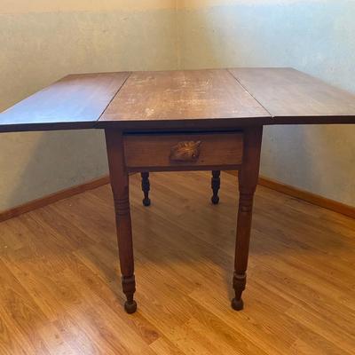 Antique Drop Leaf Dining Table with Drawer and Turned Legs