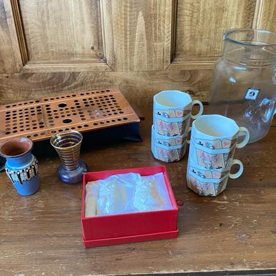 Vintage Drinkware and Decorative Pottery with Cribbage Board