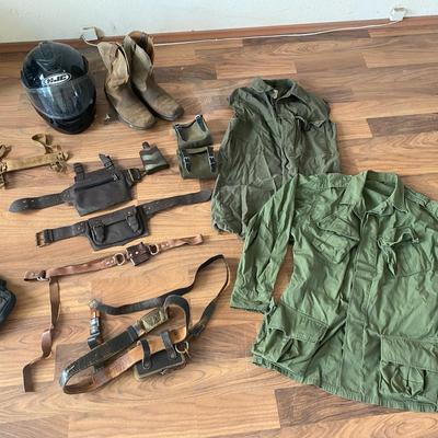 Vintage Military and Motorcycle Gear with Jackets, Boots, and Straps