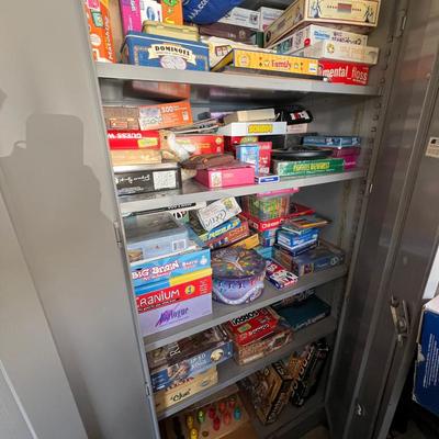 Huge Mystery Lot Of Games And Puzzles!  Massive Vintage Board Game Collection in Metal Cabinet