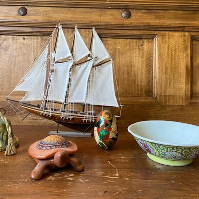 Nautical and Global Decor Lot with Ship Model and Handpainted Accents