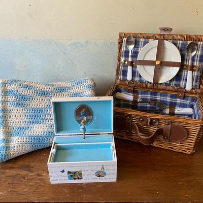Picnic Basket Set with Blue Plaid Interior, Blanket, and Music Box