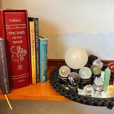 Crystal Sphere Display with Metaphysical Books and Tolkien Collector’s Edition