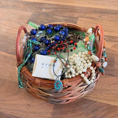 Costume Jewelry Basket with Beads, Avon, and Vintage Finds