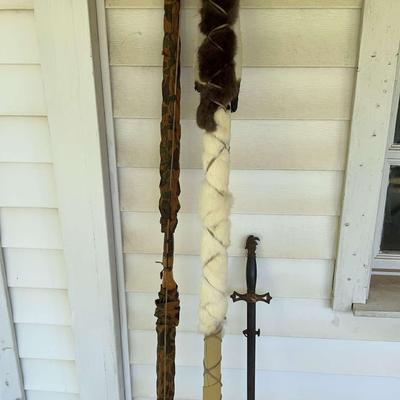 Native American Wrapped Spear, Bow, And Sword