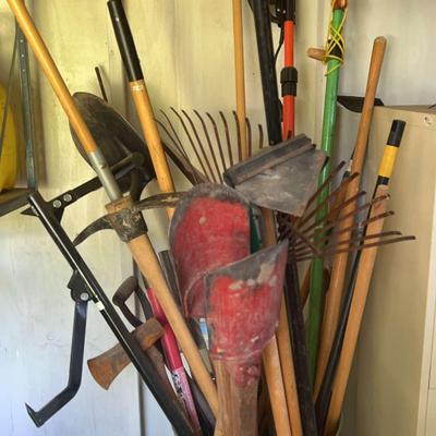 Large Lot of Garden Tools in Metal Bin