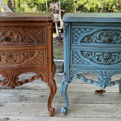 Matching Night Stands – One Stained, One Painted – Ornate Carved Wood