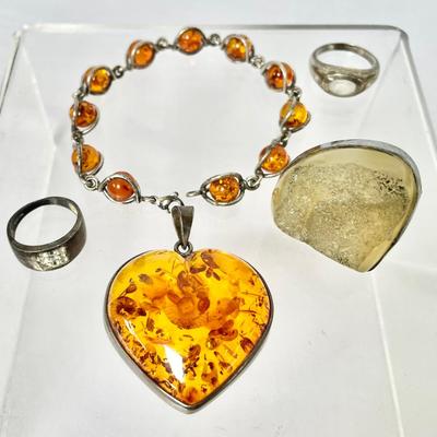 Amber Heart Pendant And Sterling Silver Jewelry