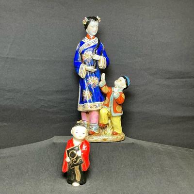 Collectable Rare Handpainted Asian Lady And Boy Figurine And Smaller Figurine 