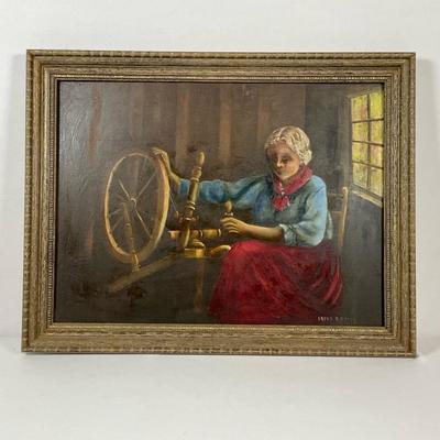 Framed & Signed “Woman at the Spinning Wheel” Oil Painting 