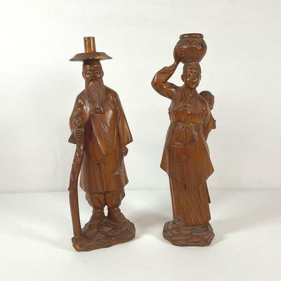 Vintage Hand Carved Wooden Asian Statues 