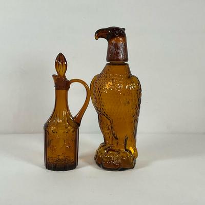 Vintage Amber Glass Decanter & Dressing Bottle