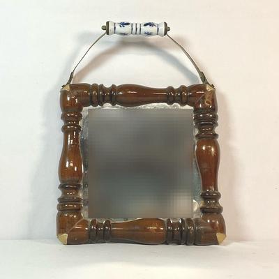 Vintage Mirror With Delft-Style Grip & Brass Detail
