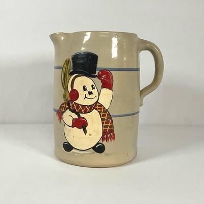 Vintage Crock Pitcher with Painted Snowman