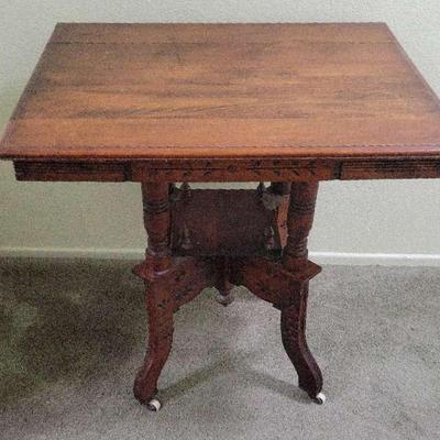 Antique Eastlake Side Table | Carved Wood Base, Turned Legs, Casters