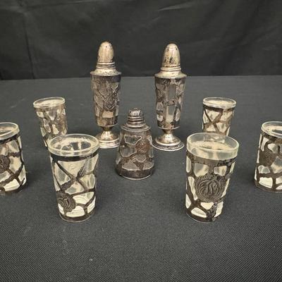 Glass & Silver Overlay Set – 6 Shot Glasses + Salt & Pepper Shakers | Total Weight 9.3 oz
