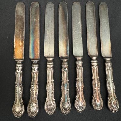 7 Weighted Sterling Silver Handle Dinner Knives | Ornate Vintage Design | 18 oz Total Weight