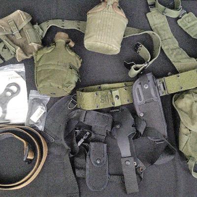 Military & Tactical Gear Lot – Web Belts, Holsters, Canteens, US Bag, BlueWater Rescue Tool & More