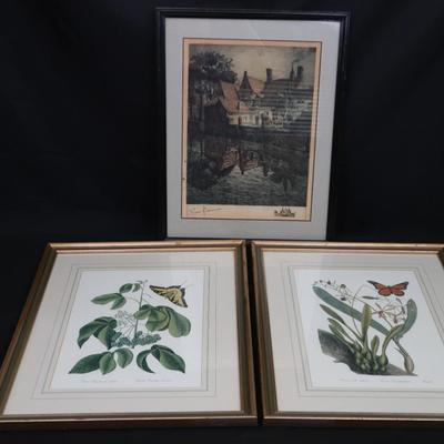 Framed Art Lot | Vintage Botanical Prints & European Canal Scene Etching