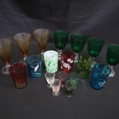 Vintage Colored Glass Tumblers & Goblets | 19-Piece Assortment | Hand-Painted & Etched

