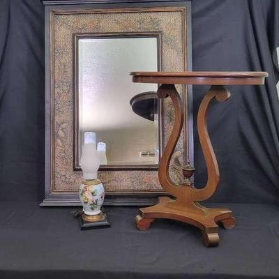 Vintage Lyre Pedestal Table, Framed Wall Mirror & Floral Hurricane Lamp | Mixed Decor Trio