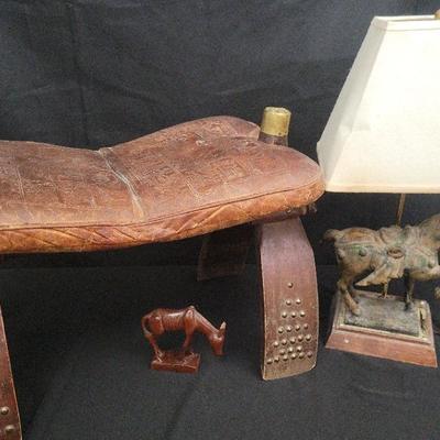Vintage Camel Saddle Stool with Horse Lamp & Figurine | Handcrafted Decor Accent Lot